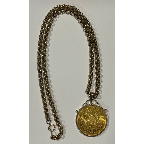 627 - A gold 100 Corona coin, 1915, mounted in 9ct gold as a pendant, suspended from a 9ct gold belcher li... 