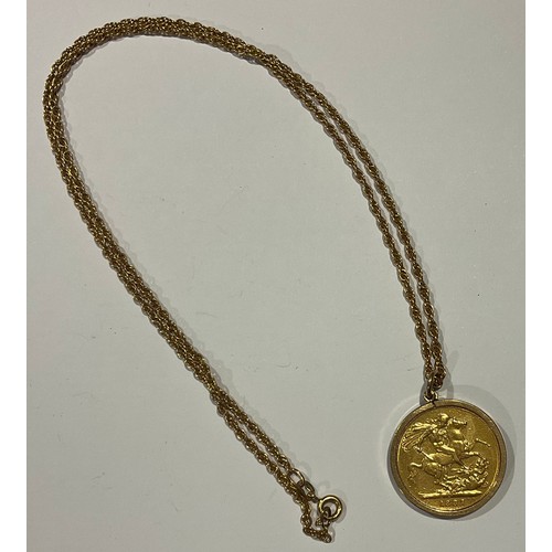 632 - A Victorian gold full sovereign, 1887, mounted in 9ct gold as a pendant, 9ct gold necklace chain, 14... 