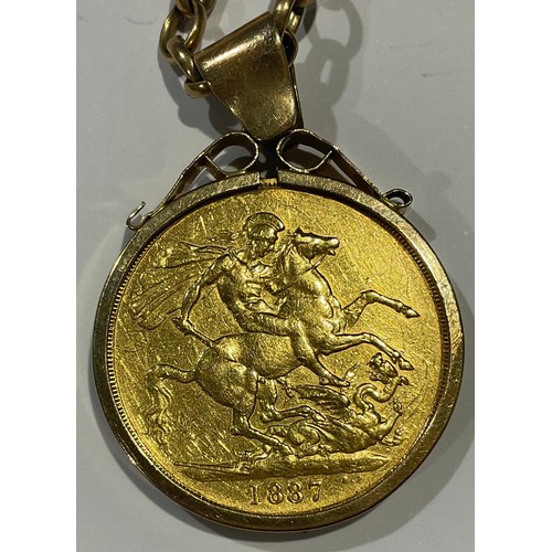 634 - A Victorian gold double sovereign, 1887, mounted in 9ct gold as a pendant, 9ct gold necklace chain, ... 