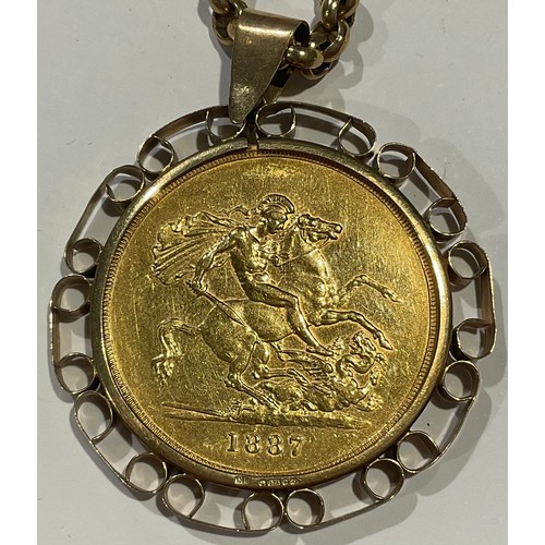 635 - A Victorian gold five pound coin, 1887, mounted in 9ct gold as a pendant, suspended from a 9ct gold ... 