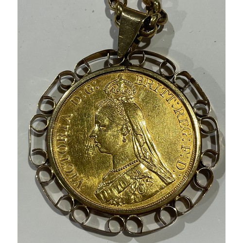 635 - A Victorian gold five pound coin, 1887, mounted in 9ct gold as a pendant, suspended from a 9ct gold ... 