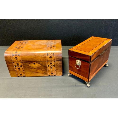 6 - A 19th century crossbanded mahogany tea caddy, ebony line detailing, two section lidded interior, br... 