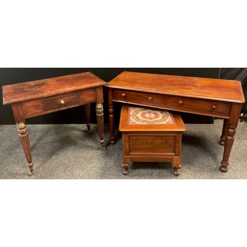 17 - A Victorian mahogany console or hall table, over-sailing rounded rectangular top, pair of drawers to... 