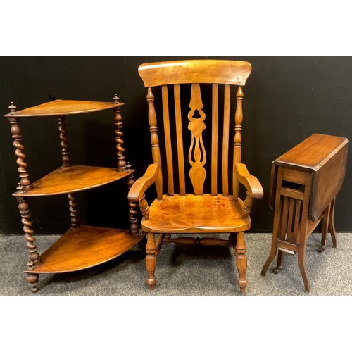 32 - A Victorian Lath-back arm-chair, 100cm high x 56.5cm wide, (probably original a rocking chair, legs ... 