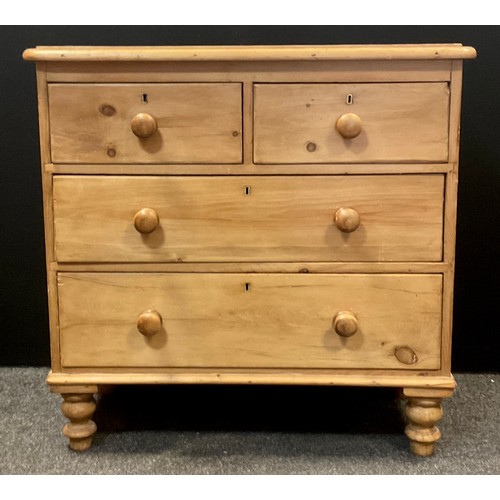 44 - A early Victorian pine chest of drawers; over-sailing top, pair of drawers to frieze over two gradua... 