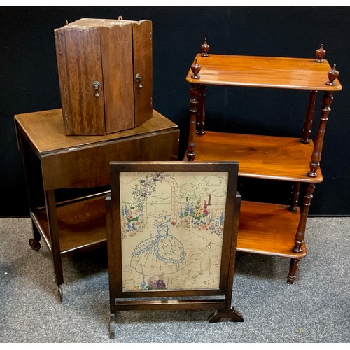 65 - A Victorian mahogany three tier whatnot, 110cm high, double drop leaf drinks trolley, small corner c... 