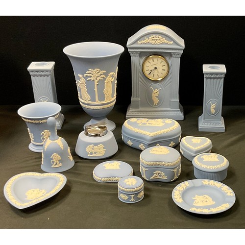 80 - Wedgwood blue jasperware including mantel clock, vase, pair of candlesticks, trinket dishes; etc