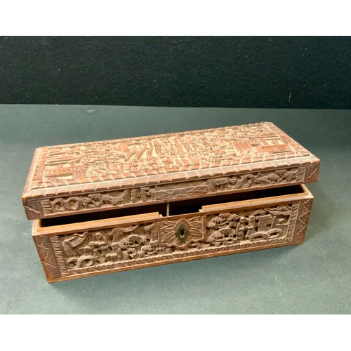 93 - A 19th century Chinese sandalwood casket, carved in the typical Cantonese manner with figures and pa... 