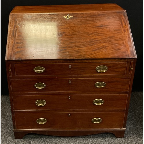 117 - A early 20th century mahogany Bureau; single draw to frieze followed by three graduated drawers, a f... 