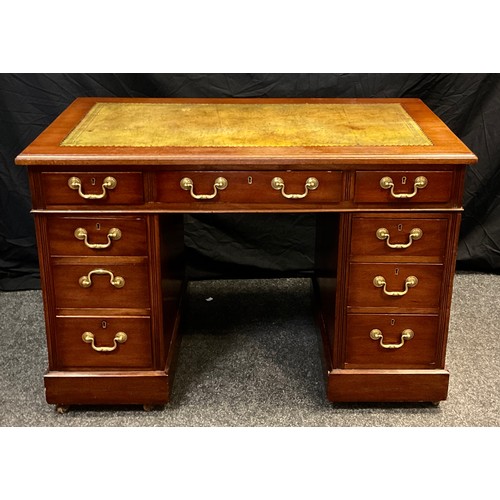 119 - A early 20th century mahogany pedestal table; faux leather top, three drawers to frieze, three drawe... 