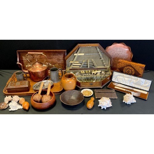 131 - Boxes and Objects -  Treen and conchology, copper kettle, pewter tankards; etc