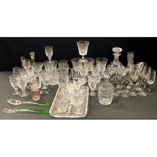 141 - Glass - a set of six cut wine glasses, five narrow stemmed smoky Sherry glasses; etc