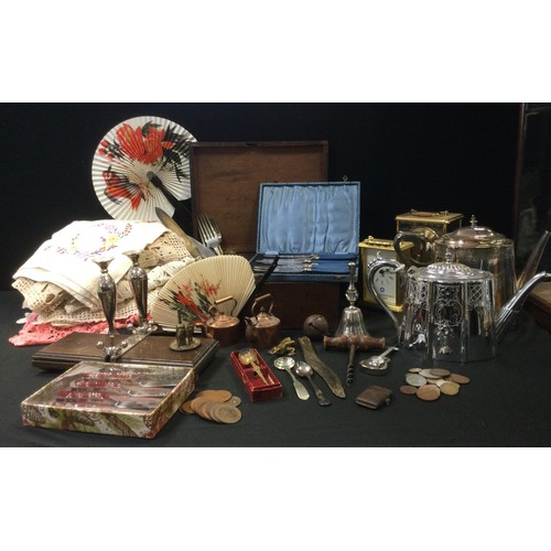 152 - Boxes & Objects - 19th century and later coins, silver plated tea pots, flatware, embroidered table ... 