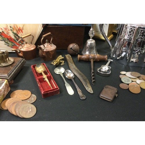 152 - Boxes & Objects - 19th century and later coins, silver plated tea pots, flatware, embroidered table ... 