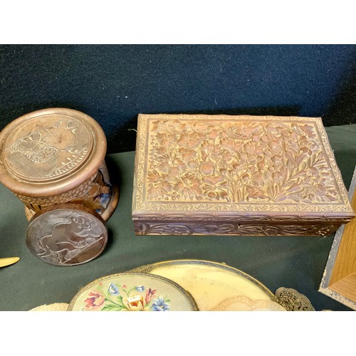 153 - Boxes & Objects - Tribal Benin type bronze figural scent bowl, tribeman supports;  carved wooden box... 