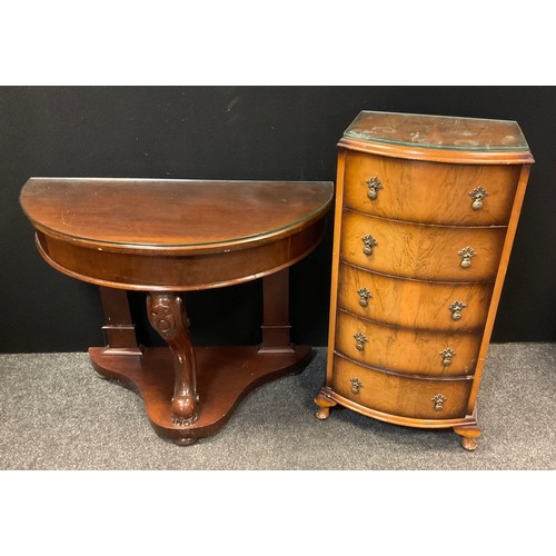 163 - A Victorian mahogany demilune side table, carved cabriole fore leg, shaped undertier, 71cm high, 91c... 