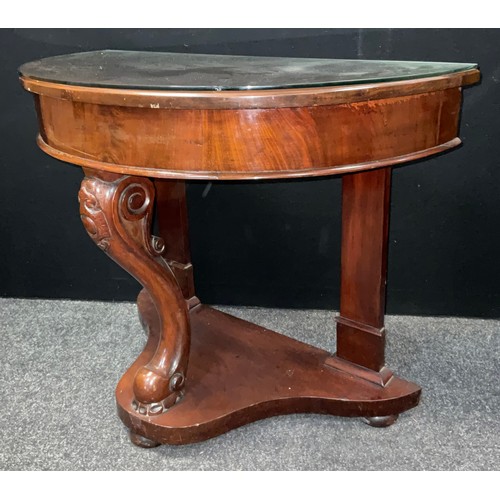 163 - A Victorian mahogany demilune side table, carved cabriole fore leg, shaped undertier, 71cm high, 91c... 