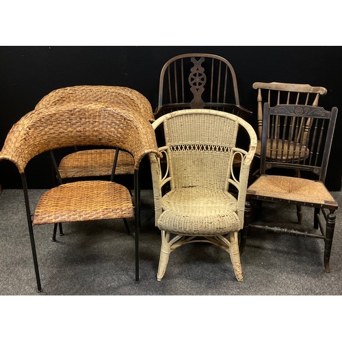 168 - A pair of metal wicker patio or garden chairs, arched backs, another Lloyd Loom style;  Reproduction... 