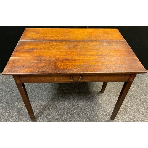 191 - A 19th century oak tea-table, over-sailing well figured quarter-sawn oak top, faux drawer to frieze ... 