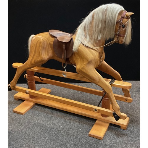 203 - A large modern rocking horse, arm and cradle mechanism, multilayer plywood body, leather saddle, 95c... 