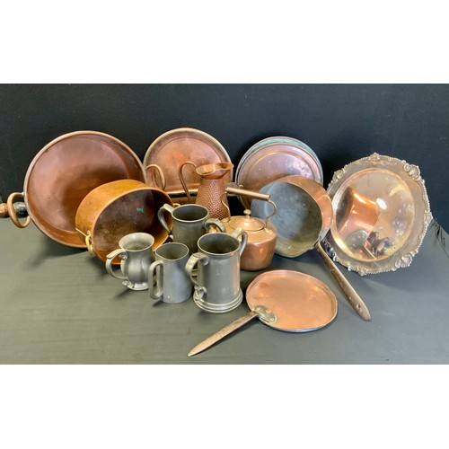 204 - Copper - Copper jam pan, 34cm diameter, similar smaller one, planished ewe, copper kettle, pewter ta... 