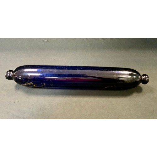 217 - A 19th century Bristol Blue glass rolling pin, decorated with nautical scene, in script 'For my love... 