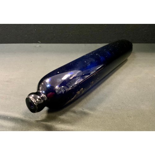 217 - A 19th century Bristol Blue glass rolling pin, decorated with nautical scene, in script 'For my love... 