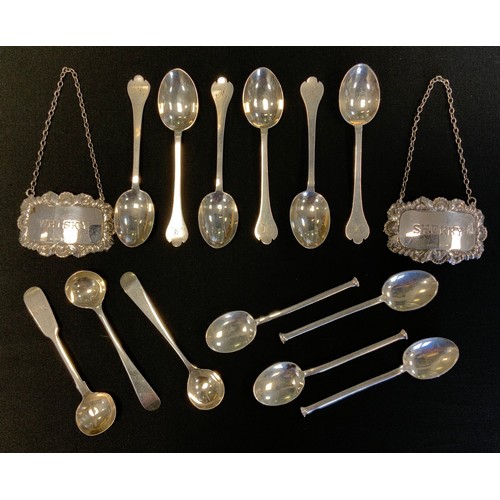 234 - A set of six silver trefoil tea spoons, Brewis & Co, london 1890;  others mustard spoons,  two decan... 