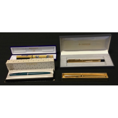 226 - Pens - Waterman novelty Zebra printed fountain pen, f point nib, boxed;  others Parker gold plated e... 