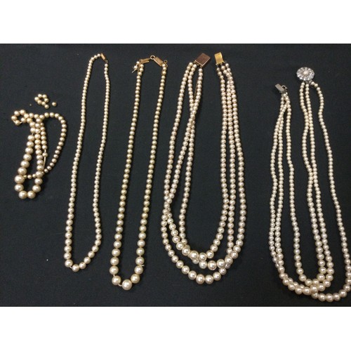 250 - A Ciro cultured pearl three strand necklace,  9ct gold clasp;  others single strand, part with 9ct g... 