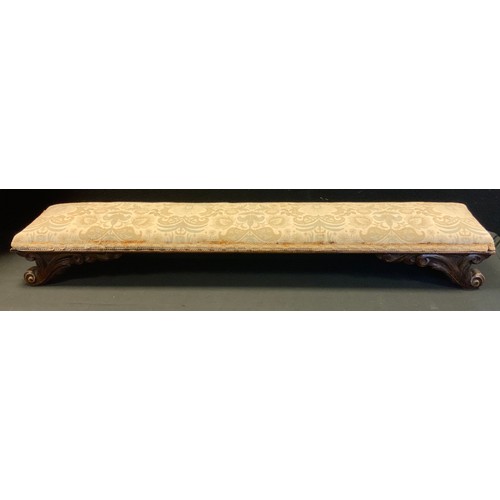 181 - A Victorian long Low embroidered top Footstool, carved scrolling legs, 13cm high, 110cm long, 22cm w... 