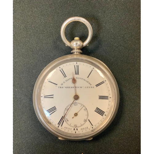 275 - A late 19th century silver open faced pocket watch, The Greenwich Lever, retailed by W E Watts, Nott... 