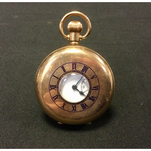 276 - A Vertex 9ct gold cased half hunter pocket watch, white dial, bold Roman numerals, subsidiary second... 