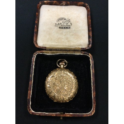 307 - An 18ct gold hunter cased pocket watch, floral decoration throughout, white enamel dial, Roman numer... 