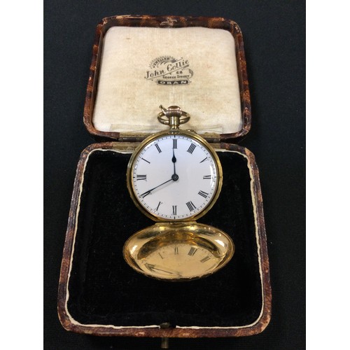 307 - An 18ct gold hunter cased pocket watch, floral decoration throughout, white enamel dial, Roman numer... 