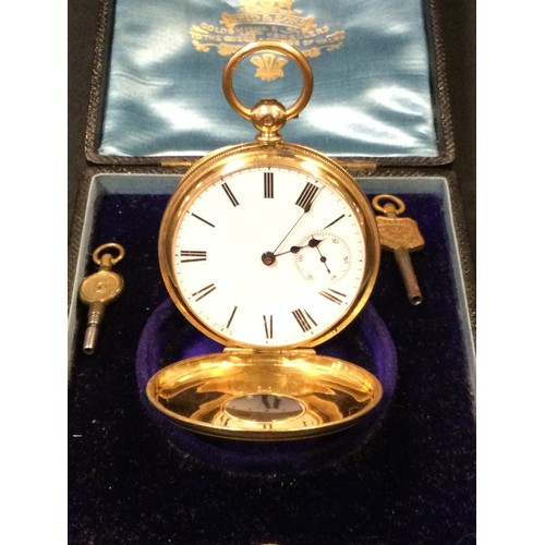 309 - A Victorian 18ct gold half hunter pocket watch, white enamel dial, Roman numerals, minute track, sub... 