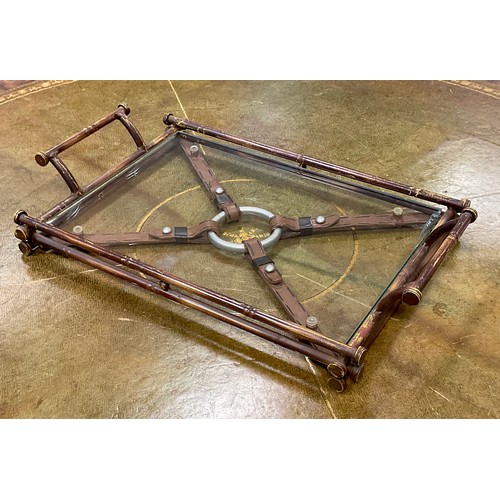 50A - An unusual Jacques Adnet style Equestrian faux bamboo and glass rectangular serving tray, leather ef... 