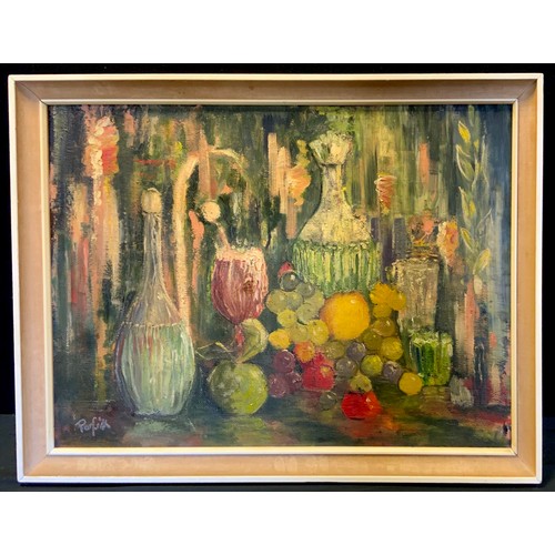 216 - Joyce Parfitt (Bn.1939)
Still Life, Decanters, Glass and Fruit
signed, oil on board, 45cm x 60cm