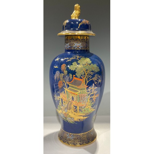 4 - A Carlton Ware Pagoda pattern baluster vase and cover, printed and painted with pagoda and figures, ... 