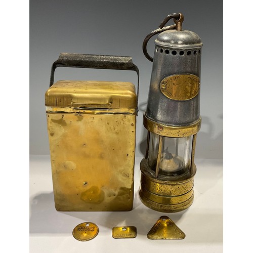 50 - A miner's safety lamp, Ackroyd & Best Ltd, 28cm high excluding hook; a miner's brass box and handle;... 