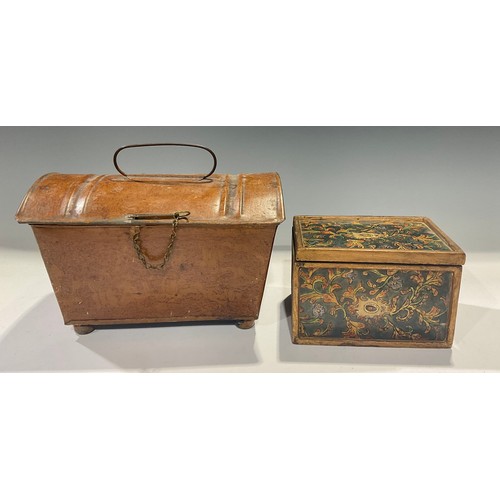51 - A Victorian scumbled Toleware tin casket, 21cm wide; an early 19th century reverse painted glass pan... 