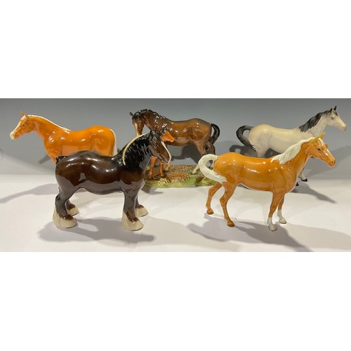 64 - A Beswick model of a Shire Horse, 21cm; others, dappled grey, tan, brown horse with foal (5)