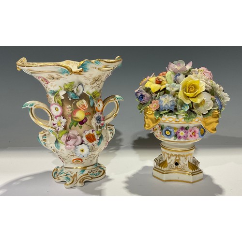 96 - A Derby Sampson Hancock floral encrusted pedestal jardinière, the basket moulded with an array of su... 