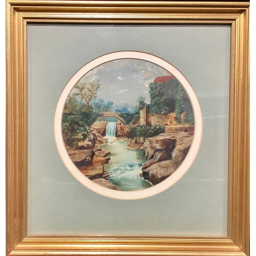 167 - Continental School
Bridge Over Falls
monogrammed, oil on board, 20cm diameter