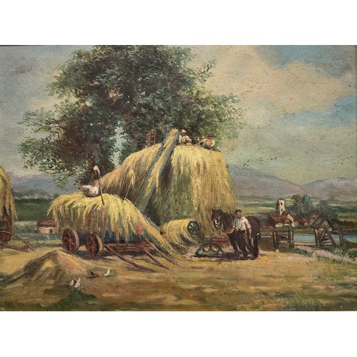 168 - English school (mid 20th century),
Stacking the Hayricks,
oil on canvas and board, 30.5cm x 40.5cm