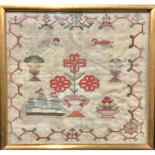 173 - Textiles - an early 19th century needlework sampler, with three masted sailing ship, 33cm x 30cm