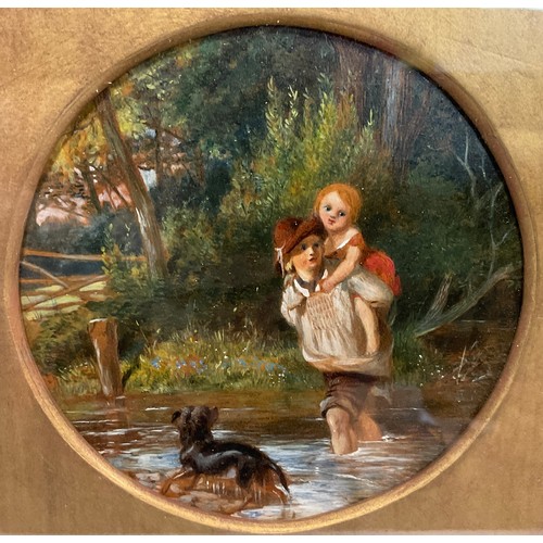 227 - Victorian school (1837-1901)
A pair, Siblings crossing the river, and feeding the chickens,
oils on ... 