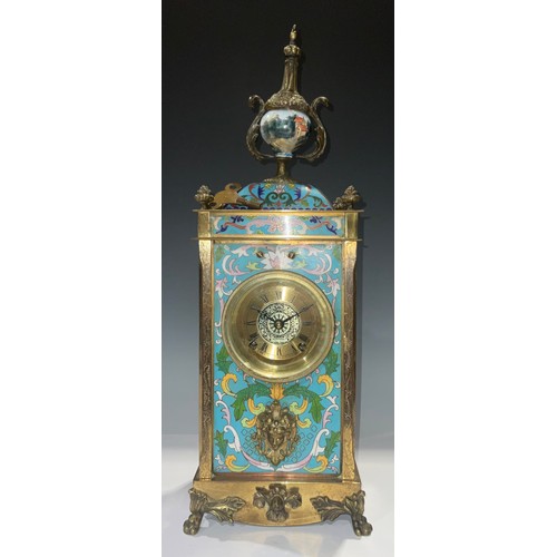 424 - A Chinese lacquered brass cloisonné mantel clock, the rectangular side panels painted with Hindu dei... 