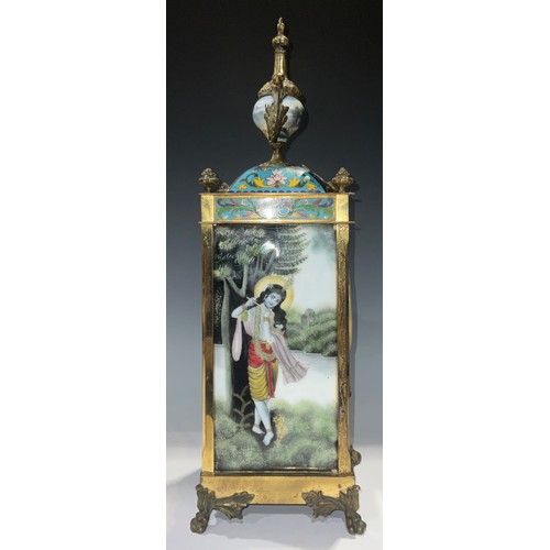 424 - A Chinese lacquered brass cloisonné mantel clock, the rectangular side panels painted with Hindu dei... 