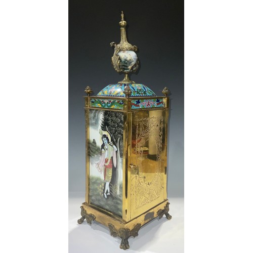 424 - A Chinese lacquered brass cloisonné mantel clock, the rectangular side panels painted with Hindu dei... 